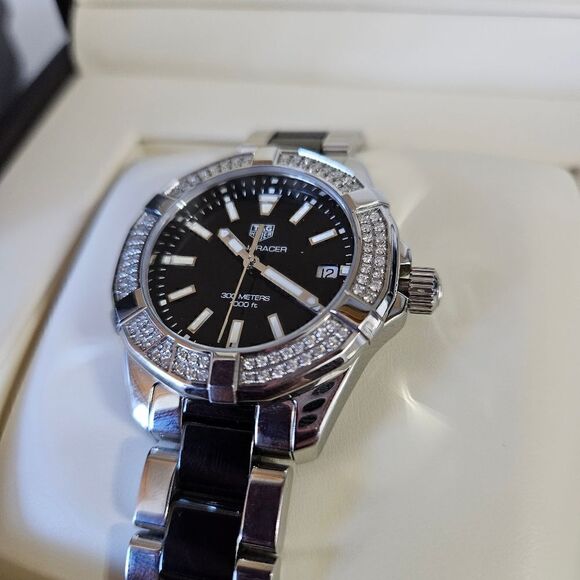 Tag Heuer Unisex Aquaracer Diamond Trim Black Face Quartz Watch 35mm Steel Box main image 3
